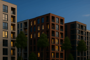 Appartementengebouw in de avondzon met verlichte ramen – symbool voor professioneel en extern VvE-bestuur dat rust en continuïteit brengt.