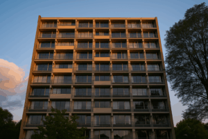 Moderne appartementengebouwen bij zonsondergang, illustratie voor blog over rolverdeling binnen de VvE.